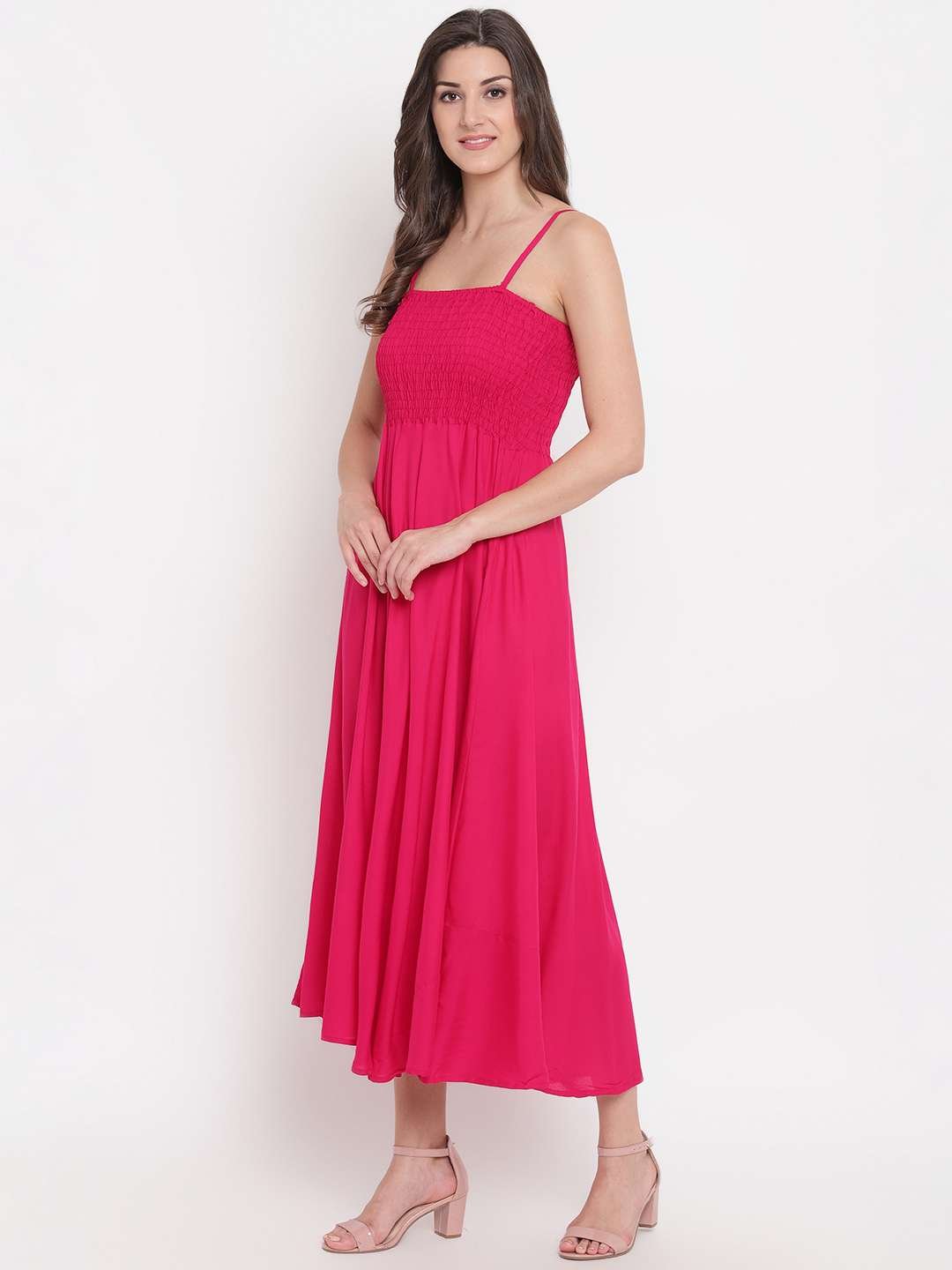 Women's Viscose Rayon Solid Shoulder Straps Sleeveless Flared Gown Drees (Pink)