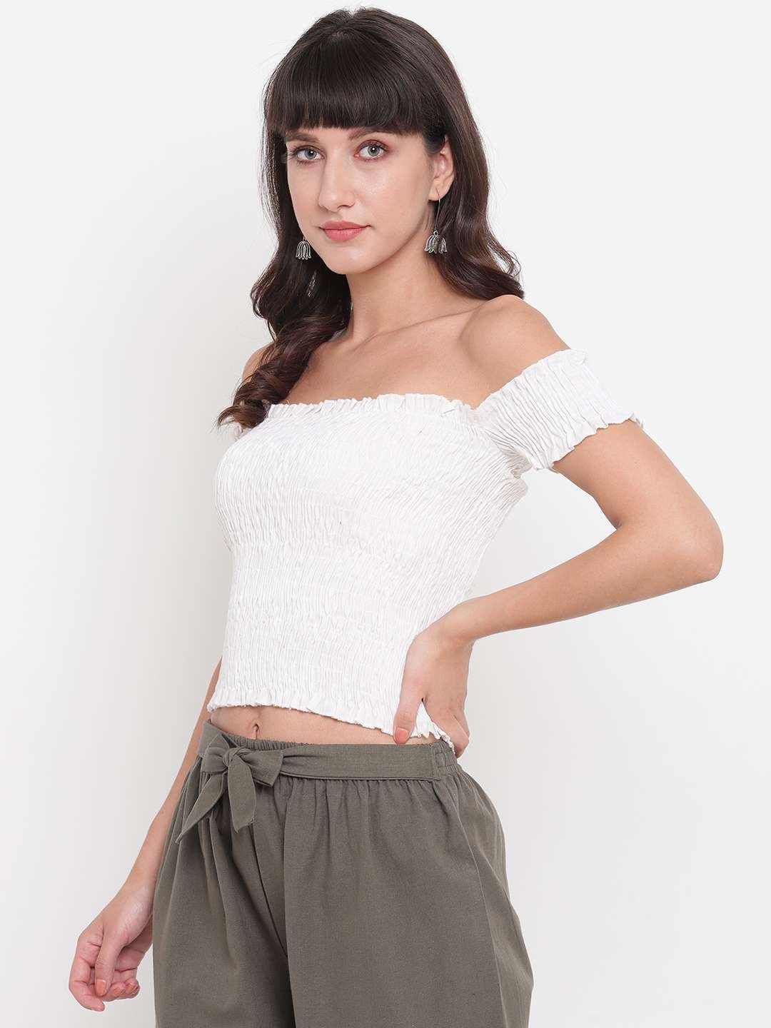Women's Rayon Solid Off-Shoulder Smocked Crop Top Short Sleeve Casual Styles Tank Top (FREE SIZE) Multi30