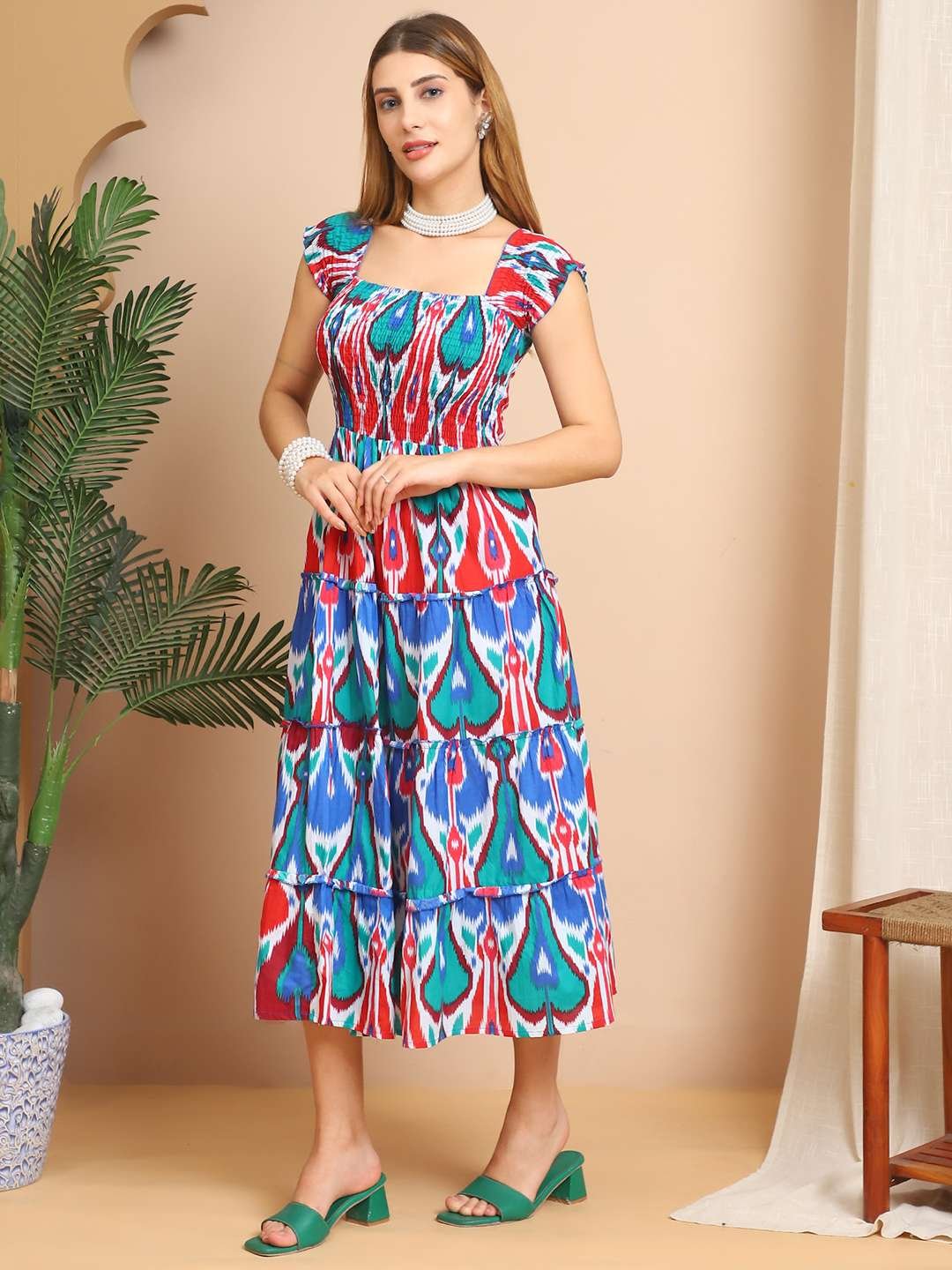 Women's Viscos Rayon Printed Off Shoulder Midi Dress For Summer And Casual Wear (Yellow)